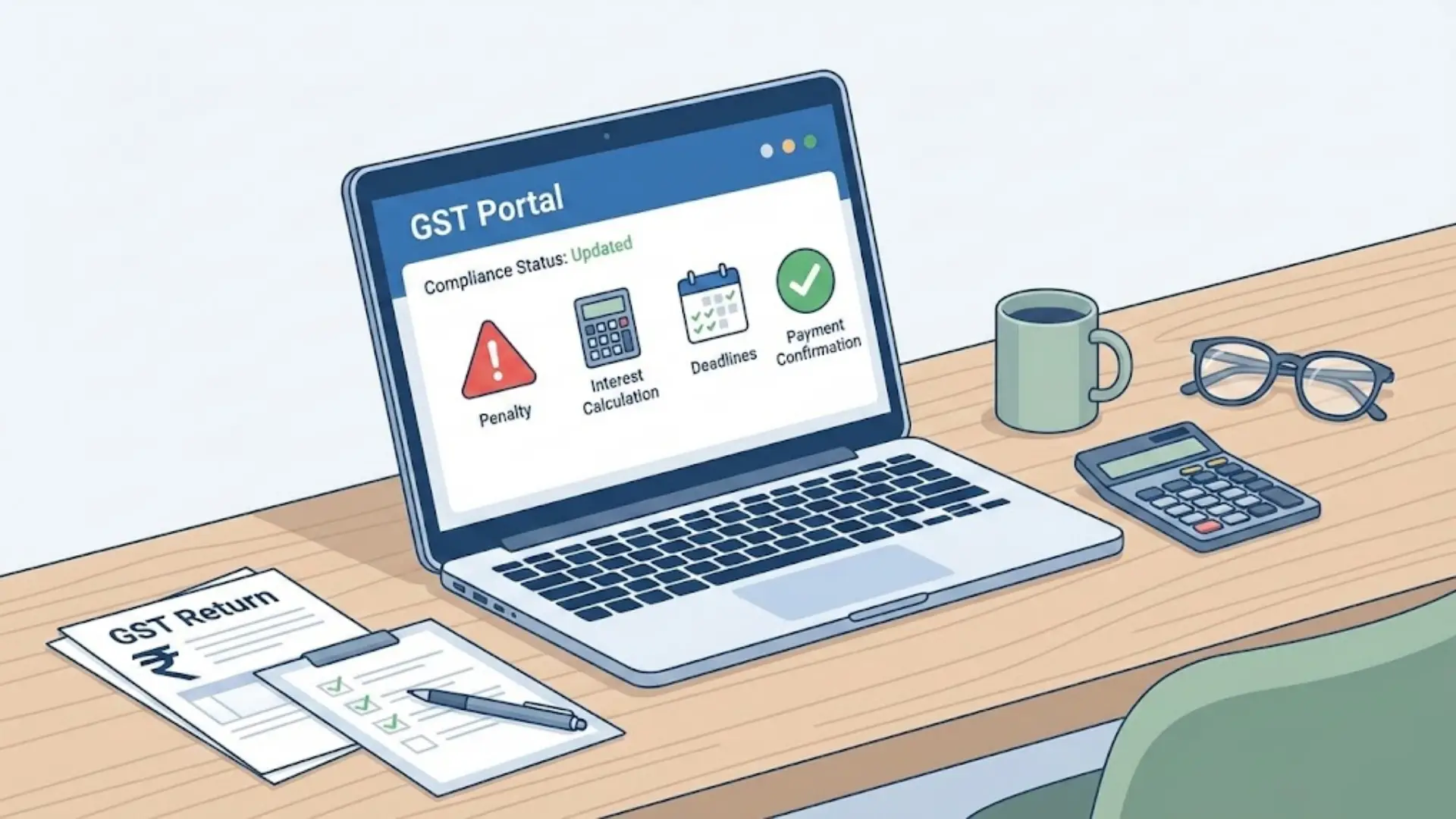 Laptop showing a GST portal dashboard with compliance status, penalties, interest, deadlines, and payment confirmation, placed on a desk with GST return forms, calculator, coffee mug, and glasses.